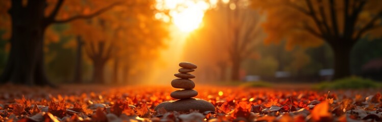Autumn equinox sunrise. Balanced stones rest on fall leaves. Forest path. Peaceful nature scene. October November season. Travel background. Calming landscape.
