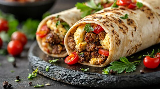 Deliciously wrapped breakfast burritos featuring flavorful filling and fresh ingredients on a rustic wooden plate