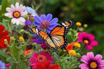Obraz premium Colorful Butterfly in Trendy Shades Surrounded by Lush Flowers in Enchanting Garden