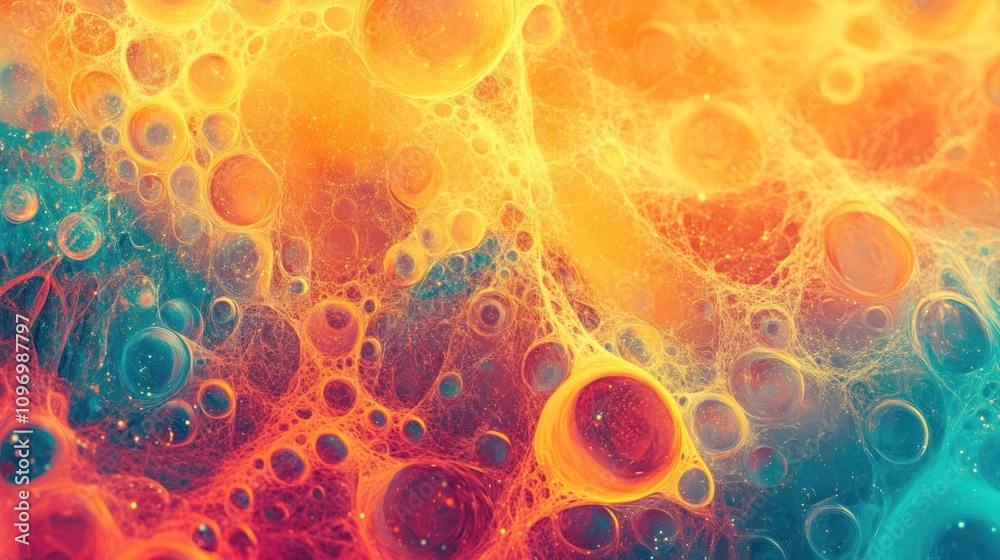 Poster abstract colorful pattern resembling bubbles and organic shapes in vibrant hues.
