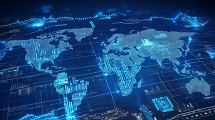 technology concept digital background featuring a world map, world map background with business network points, internet connected modern digital world map with glowing pixels.