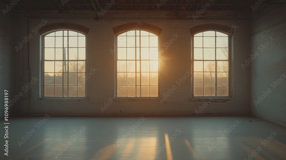 Poster Sunlight streaming through large windows in an empty industrial space.