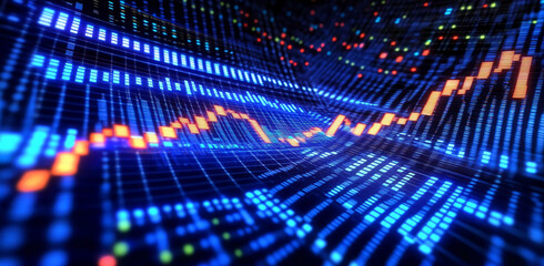 Obraz premium Digital stock market analysis displayed in vibrant colors during a trading session in a futuristic environment