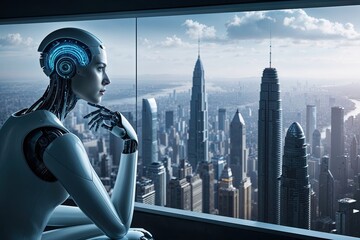 Cybernetic Being in Deep Thought Observing the Vast Metropolis