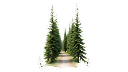 Obraz premium Coniferous forest pathway. Cutout trees isolated on white background. Forest scape with trees and bushes among the rocks. Tree line landscape summer. png isolated background. transparent background.
