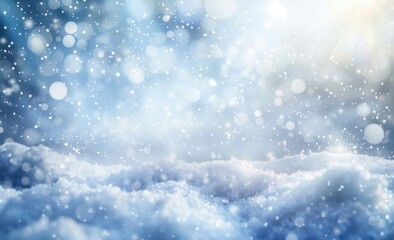 Fototapeta premium Snowflakes falling with bokeh lights on a blue background, offering a dreamy winter banner template for product displays or holiday themes.