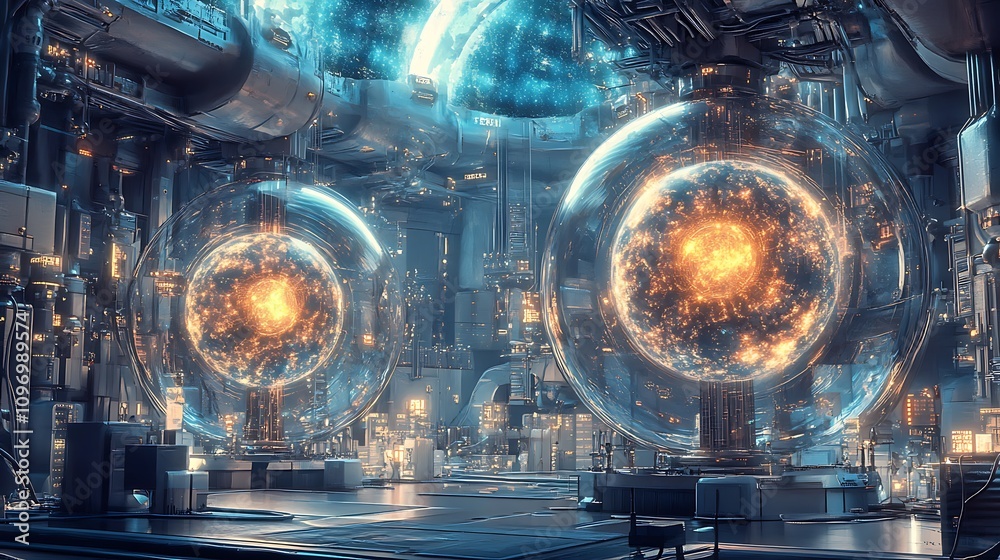 Poster a futuristic physics lab with digital interfaces for exploring the properties of exotic matter and h