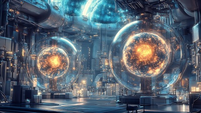 A futuristic physics lab with digital interfaces for exploring the properties of exotic matter and high-energy states