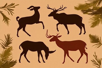 Folky Earth-Toned Animal Silhouettes Dancing on Warm Sand-Colored Canvas with Nature-Inspired Aesthetics