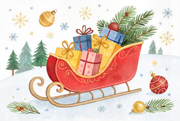 Illustrated sleigh with gifts and snow