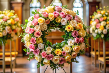 Naklejka premium Yellow floral wreath with greenery in church