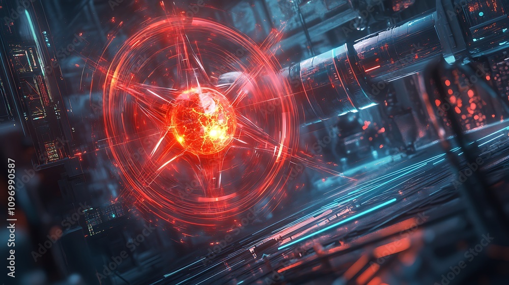Poster a futuristic physics lab with digital interfaces for exploring the behavior of particles in magnetic