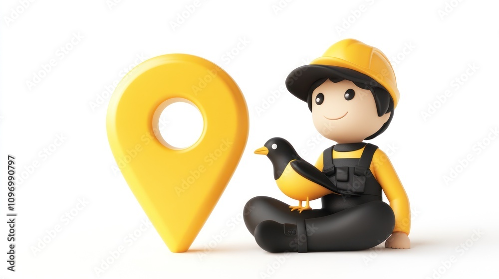 Poster a cartoon figure of a boy with a bird and a location pin, symbolizing exploration and adventure.
