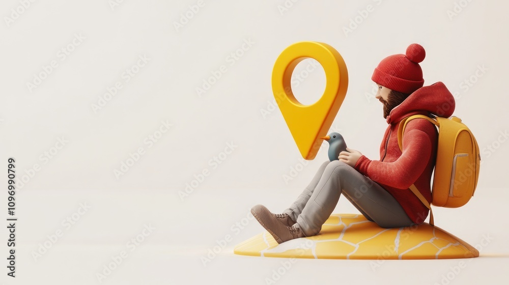 Poster a stylized traveler with a backpack sits on a map marker, holding a bird, symbolizing exploration.