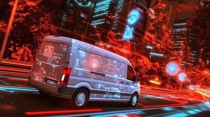Autonomous delivery van driving on road in futuristic city with augmented reality interface