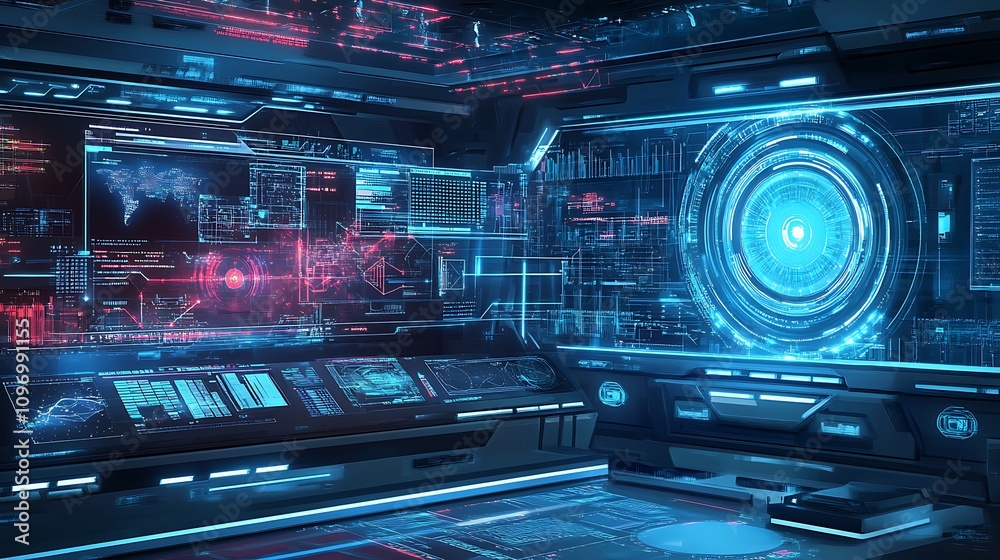 Poster a futuristic physics lab with digital simulations of the interactions between fundamental particles 