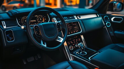 Obraz premium Modern luxury suv interior showing steering wheel, dashboard, and seats