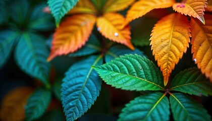 Close-up vibrant autumn leaves. Red orange green foliage. Nature background. Botanical texture. Colorful leaf pattern. Deep rich hues. Tranquil peaceful scene. Natural environment. Fresh organic