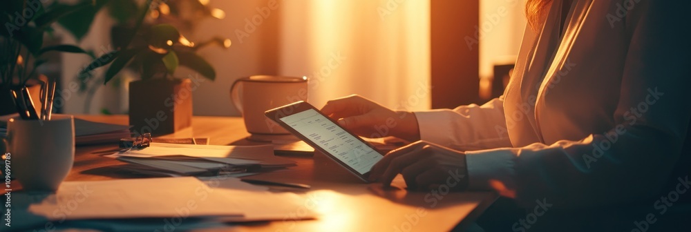 Aufkleber a person using a tablet in a warm, softly lit workspace with plants and papers.