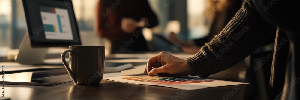Poster A hand reviewing colorful charts on a desk with a coffee mug and digital device in the background.
