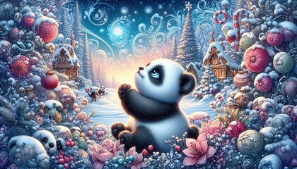 niedlicher Pandabär in einer Winterlandschaft