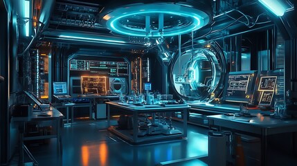 Fototapeta premium A futuristic physics lab with digital simulations of the interactions between fundamental particles and forces 
