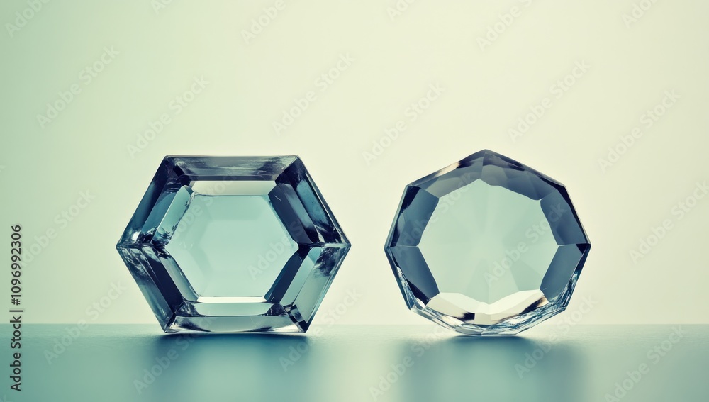 Leinwandbilder two hexagonal crystal shapes with a soft gradient background, showcasing light reflection.