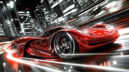 A sleek red sports car racing through a futuristic cityscape at night.