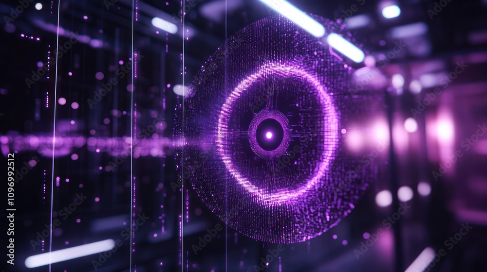 Aufkleber a futuristic digital interface showcasing a glowing purple sphere with data streams.