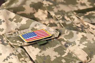 Veterans day. USA army patch on military uniform, closeup