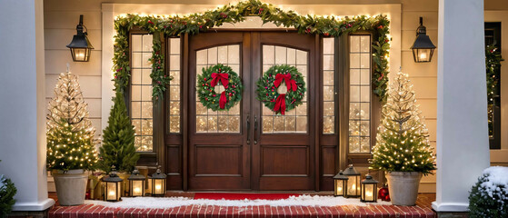 At the door of a house, there is a beautiful Christmas-themed decoration adorned with Christmas ornaments.