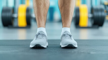 Athlete wearing gray sneakers standing in a gym with weights in the background