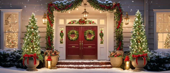 At the door of a house, there is a beautiful Christmas-themed decoration adorned with Christmas ornaments.