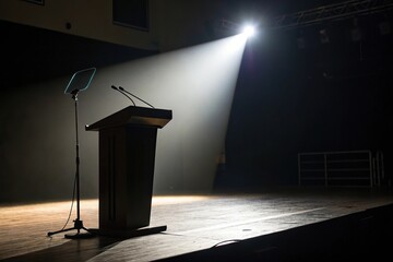 Dark podium illuminated by bright spotlight, stage, minimalist