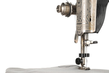 Sewing machine with grey fabric isolated on white