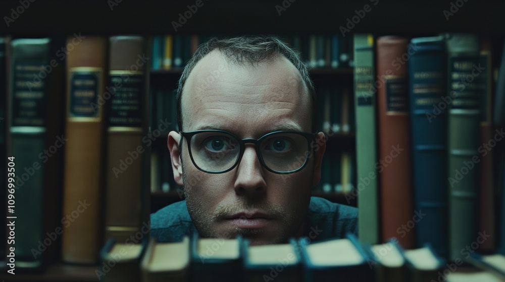 Poster a person gazes intently through a shelf of books, suggesting curiosity and contemplation.