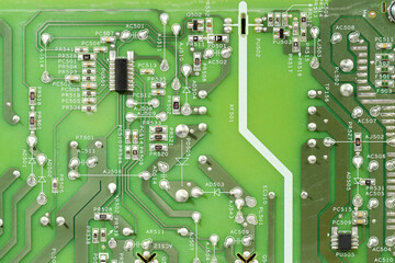 Electronic circuit board as background, top view