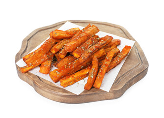Delicious sweet potato fries with spices isolated on white