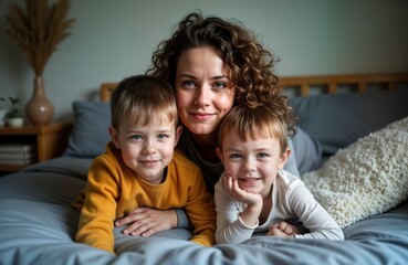 Obraz premium Young mother and her two sons relax on bed. Family enjoys morning at home. Happy family portrait. Woman with kids. Brother and sibling cuddle mom. Caucasian family.