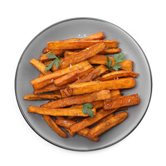 Delicious sweet potato fries with spices isolated on white