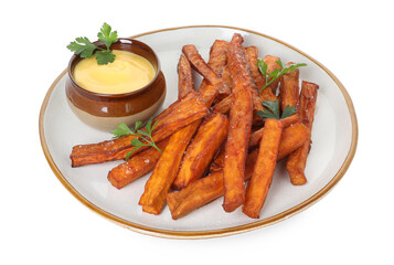 Delicious sweet potato fries, parsley and sauce isolated on white