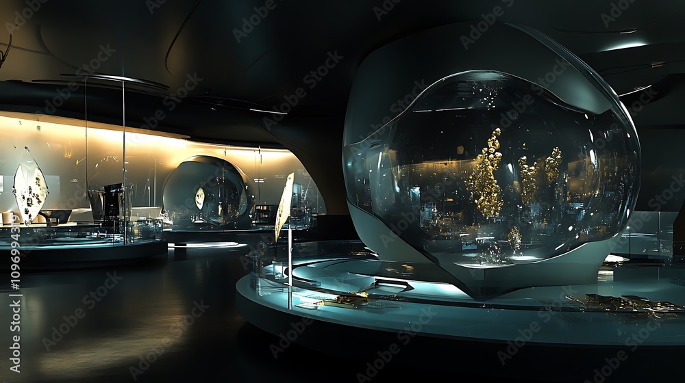 Poster a futuristic physics research facility with interactive digital models of particle collision events 