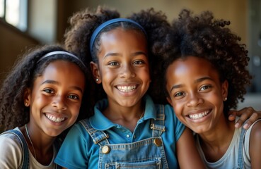 Three happy African girls smile for camera. School students pose indoors. Joyful children show positive emotions. Pretty faces express happiness. Cute siblings embrace.