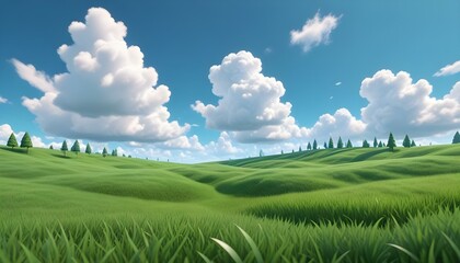 Obraz premium Campo de hierba verde con un cielo azul claro y nubes blancas esponjosas