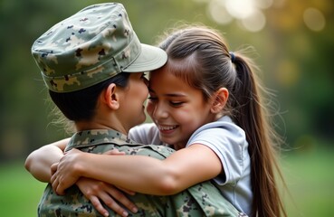 Soldier mom hugs daughter. Child embraces military woman. Happy family reunion in park. Girl smiles. Mom in camouflage uniform. Tender moment. Love. Homecoming. Family values. Military family. Strong