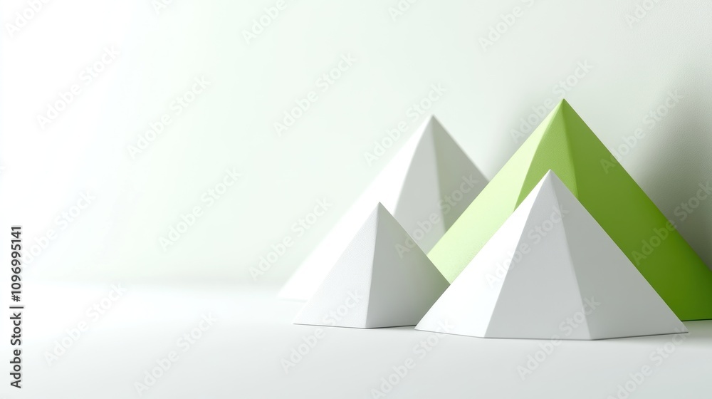 Poster a minimalist arrangement of geometric pyramids in white and green on a neutral background.
