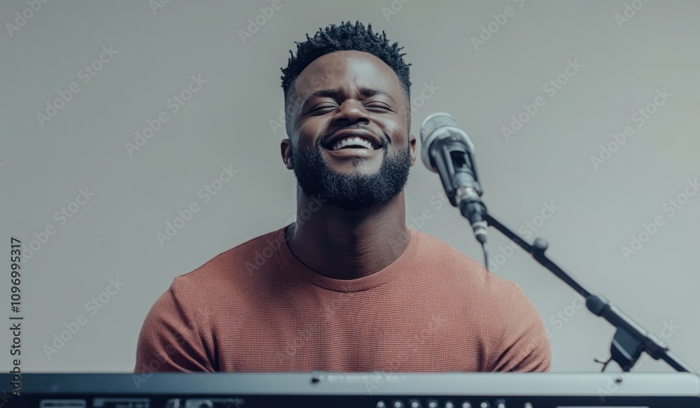 Aufkleber A joyful musician plays a keyboard, smiling while singing into a microphone.