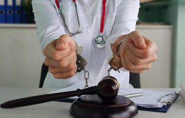 Doctor in handcuffs and a judicial hammer