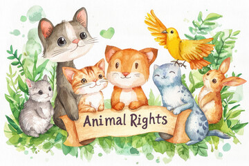 Fototapeta premium Cute animals including cats, bird, rabbit, and hamster in watercolor style promoting animal rights and kindness for International Animal Rights Day.