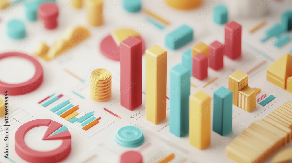 Poster Colorful 3D graphs and charts representing data analysis and business metrics.